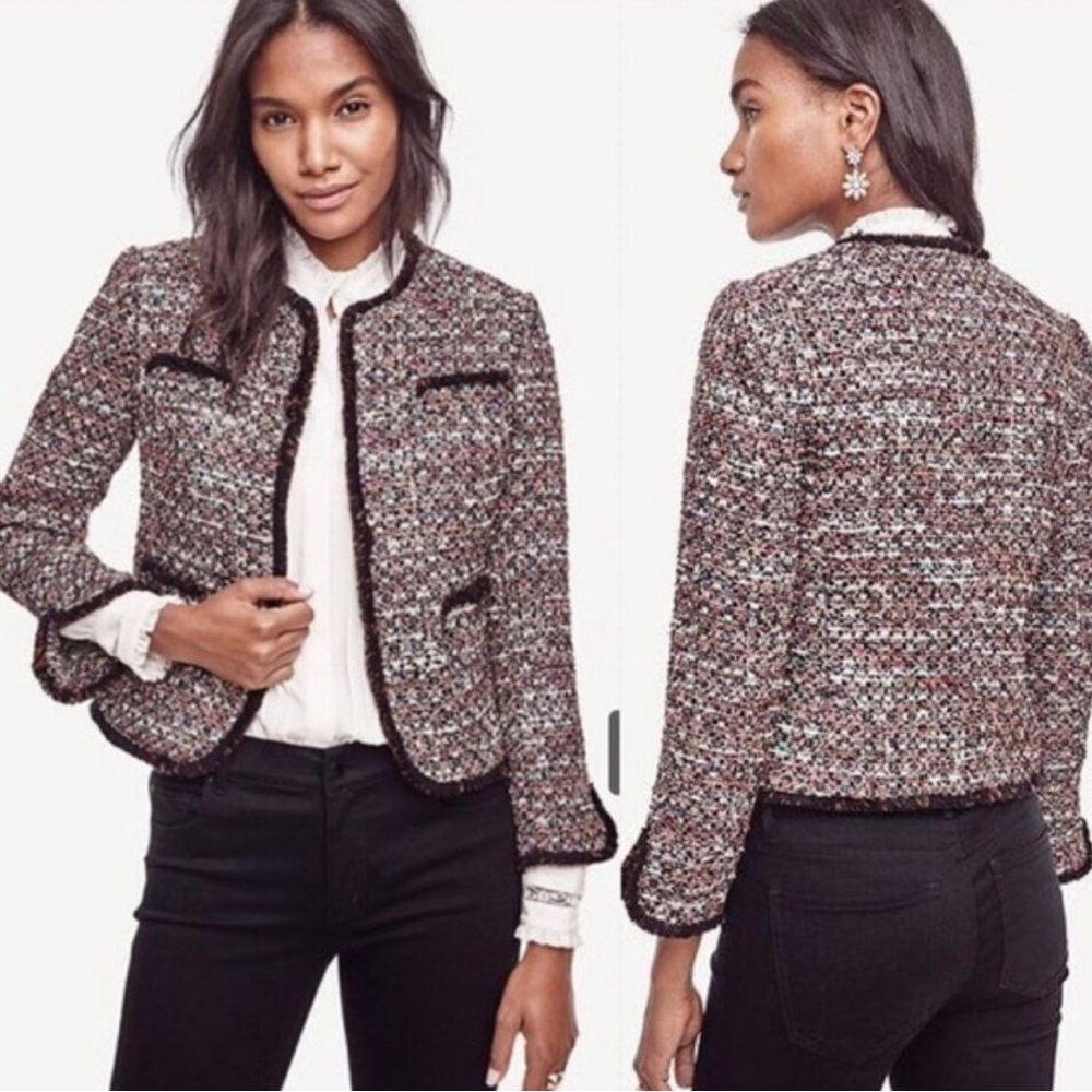 Ann Taylor Dazzling Multi Color Fringe Evening Cardigan Tweed Jacket